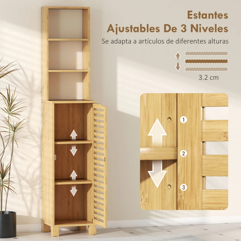 HOMCOM Armario de Baño Alto de Bambú Estrecha con 3 Estantes Abiertos Puerta de Lamas Baldas Ajustables 34x30x170 cm Natural