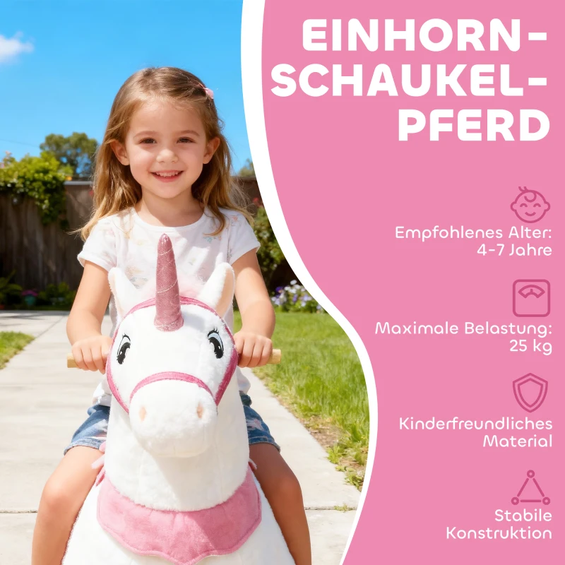 AIYAPLAY Reitpferd für Kinder, Einhorn-Design, Stoffbezug, stabiler Rahmen, sanfte Räder, Schaukelpferd, 3-5 Jahre, Weiß