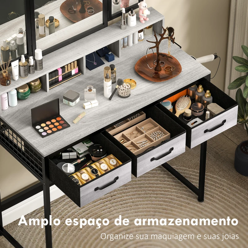 HOMCOM Toucador de Maquilhagem com Espelho Tríptico Removível, Banco Prateleiras e Suporte para Secador 90x40x141 cm Cinzento