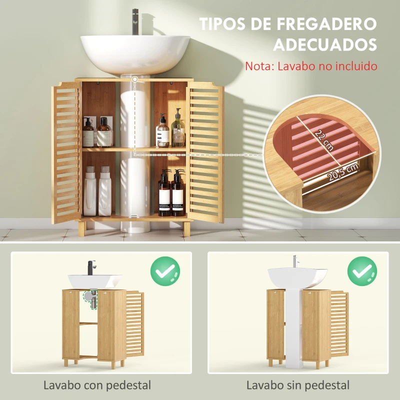 HOMCOM Mueble Bajo Lavabo de Bambú con 2 Puertas de Lamas Estante Ajustable para Lavabos con o sin Pedestal Natural