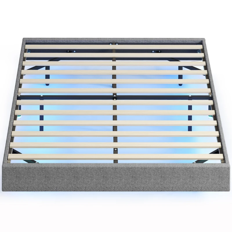 HOMCOM Bettgestell 140x190 cm mit LED-Leuchten Bezogener Leinenstoff Holzlatten Einfach zu Montieren Grau