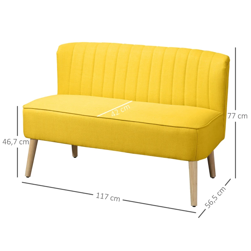 HOMCOM Canapé 2 places en tissu effet lin sans accoudoirs avec pieds en bois, 117x56.5x77 cm, Jaune