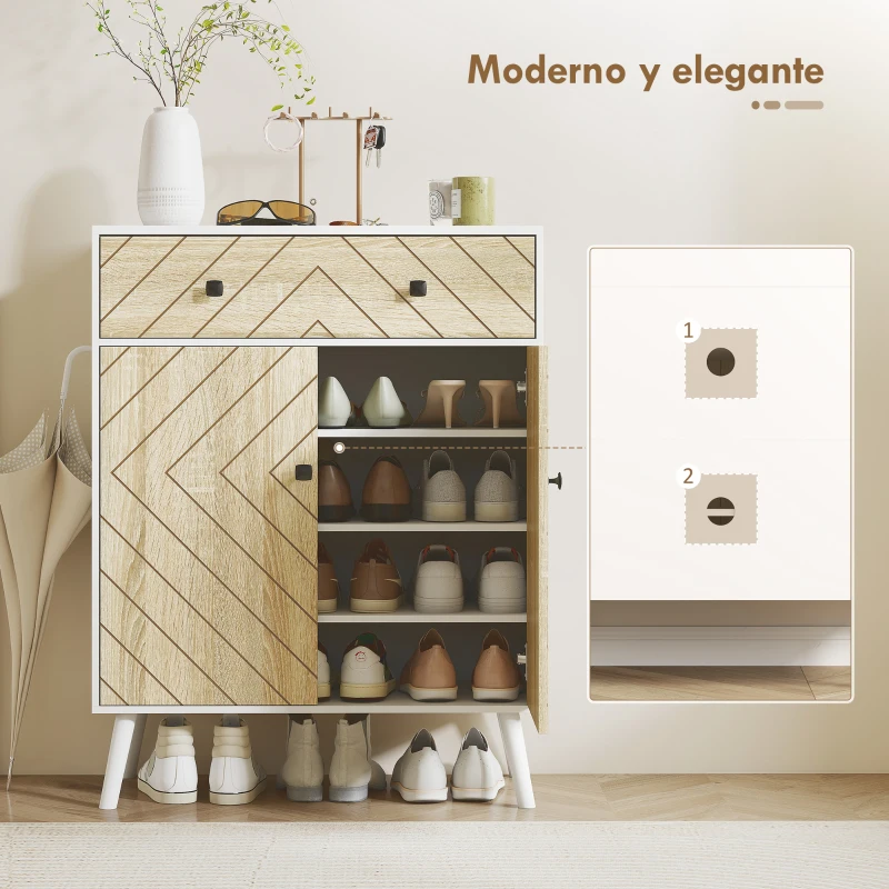 HOMCOM Zapatero Entrada Recibidor con 2 Puertas Estantes Ajustables Cajón para 12 Pares de Zapatos 75x35x97 cm Blanco y Natural