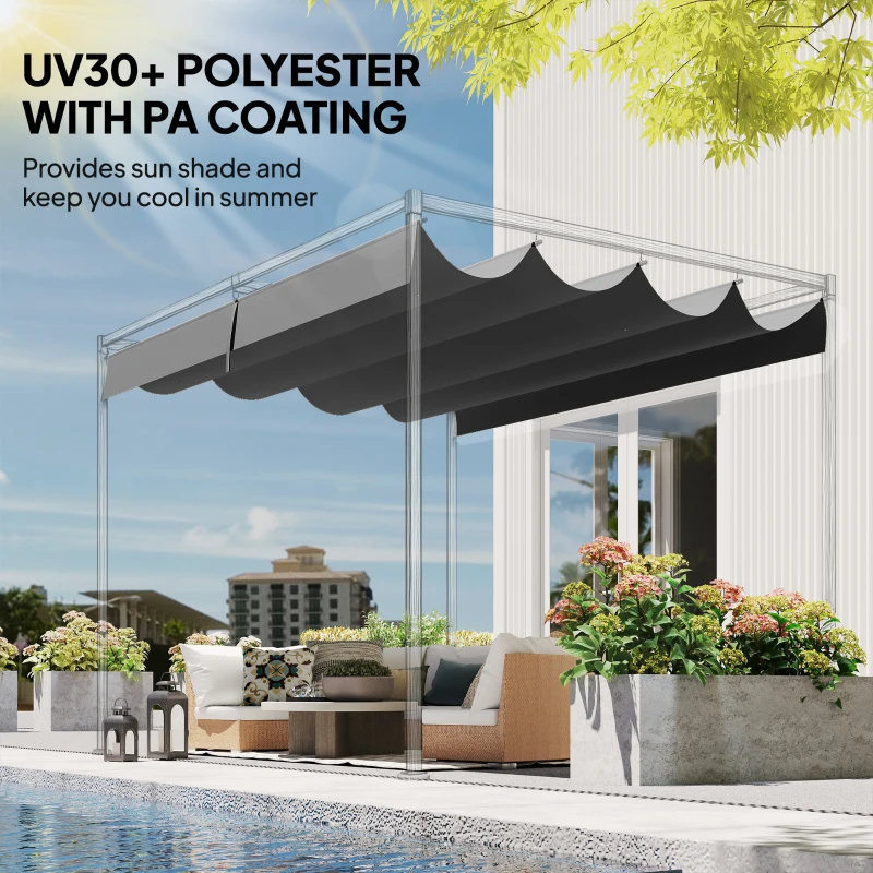 Outsunny Retractable Pergola Canopy Only, 3.92 x 3.5 m, UV30+ Replacement Canopy Cover for 4 x 3 m Pergola, Dark Grey