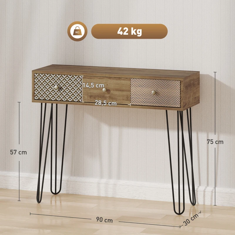 HOMCOM Mesa de Consola Mesa de Sofá con 3 Cajones con Patas de Acero Tipo Horquilla Estilo Bohemio Natural