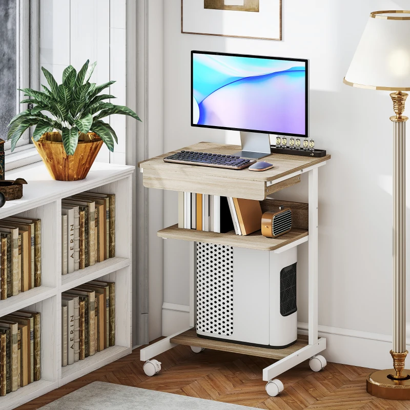 HOMCOM Rollend Bureau met Lade en Schappen, 4 Wielen, Compact, Spaanplaat, Metaal(m-10)