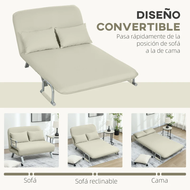 HOMCOM Sofá Cama de 2 Plazas con Respaldo Ajustable en 5 Posiciones Tapizado con Tacto de Ante y Cojines 111x80x78 cm Crema