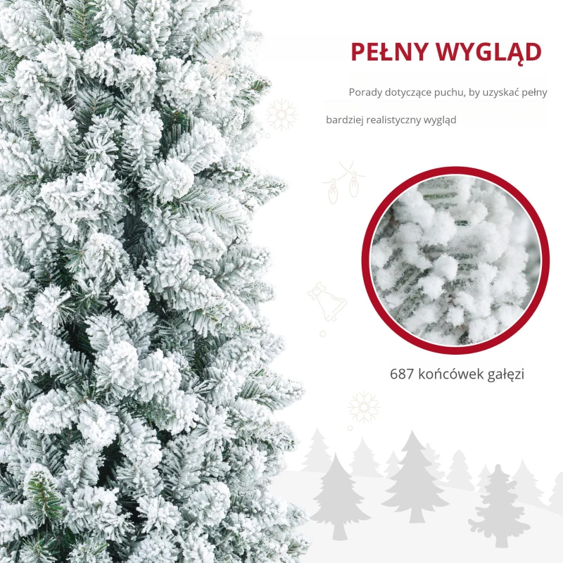 HOMCOM Sztuczna Choinka, niepalna, ze sztucznym śniegiem, szczupła, na metalowej podstawie, 75 x 210 cm, Zielona