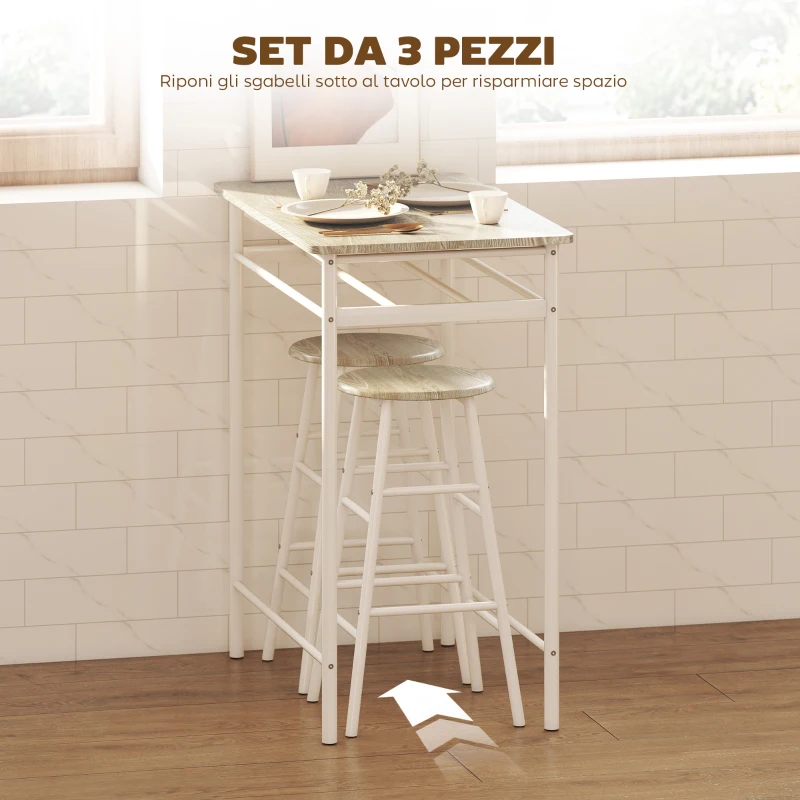 HOMCOM Set Bancone Bar e 2 Sgabelli Alti in Legno Stile Nordico con Mensola e Poggiapiedi, Bianco
