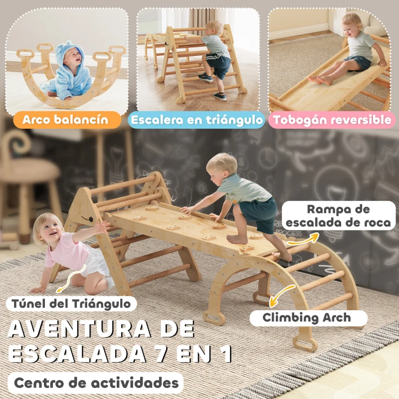 AIYAPLAY 7 en 1 Triángulo de Escalada Montessori de Madera Plegable con Arco y Rampa para Niños 18-48 Meses 188x70 cm Natural