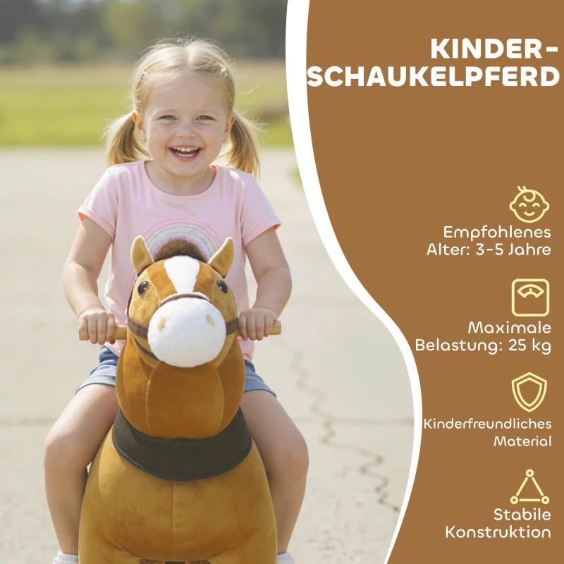 AIYAPLAY Reitpferd für Kinder, Stoffbezug, stabiler Rahmen, sanfte Räder, Schaukelpferd, 3-5 Jahre, Dunkelbraun