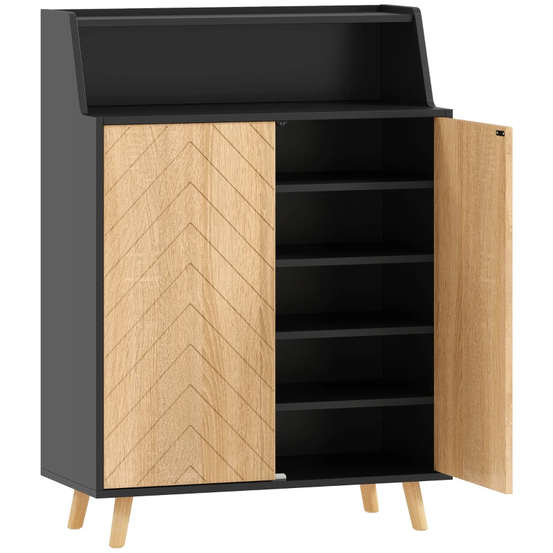 HOMCOM Zapatero Entrada Recibidor con 2 Puertas Estantes Ajustables y Compartimento Abierto 75x35x104 cm Negro y Natural