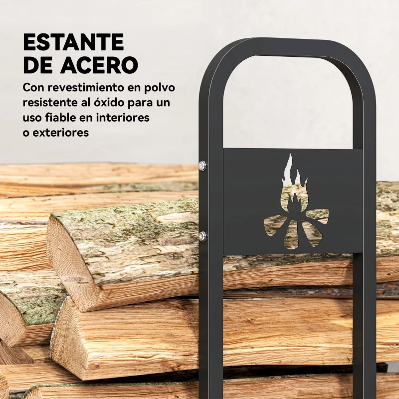Outsunny Leñero Exterior Metálico de Chimenea Carga 300 kg con Patas Extra Reforzadas y Diseño Recortado de Fogata Negro