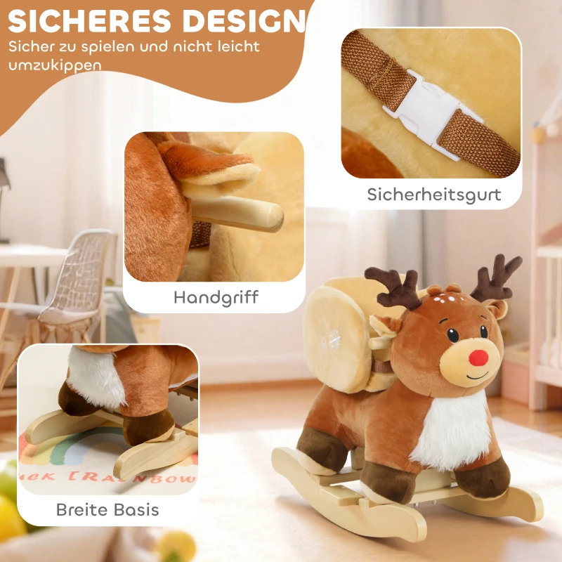 AIYAPLAY Kinder Schaukelpferd Baby Schaukeltier Rentier mit Schlafliedern, für 18-36 Monate Plüsch 65 x 35 x 59 cm Braun
