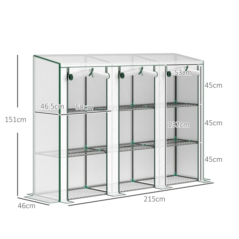 Outsunny Seră de grădină cu rafturi pe 3 niveluri seră pentru balcon 3 uși rulabile cu fermoar 215 x 46 x 151 cm alb