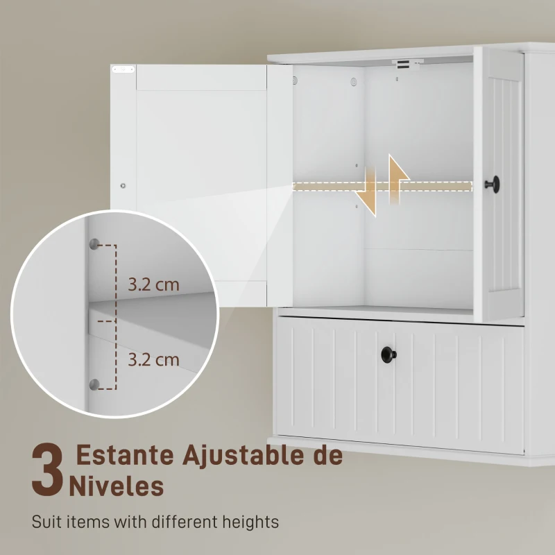 HOMCOM Armario de Baño de Pared Rústico con Estante Ajustable Doble Puerta y Puerta Abatible 60x19,5x60 cm Blanco