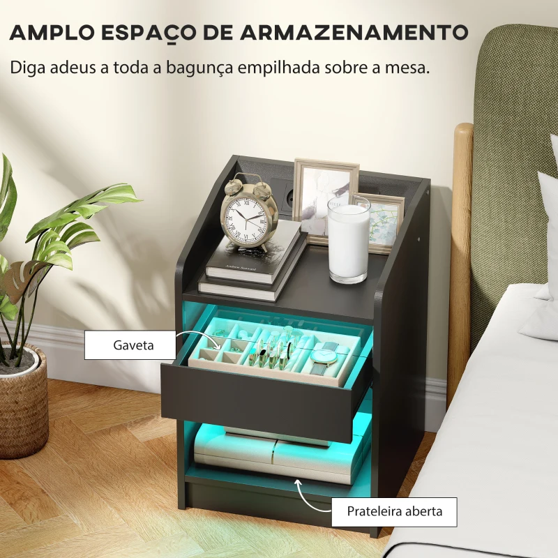 HOMCOM Mesa de Cabeceira com Luzes LED Gaveta Prateleira Estação de Carregamento Entrada USB e Controlo Remoto 40x40x58 cm Branco