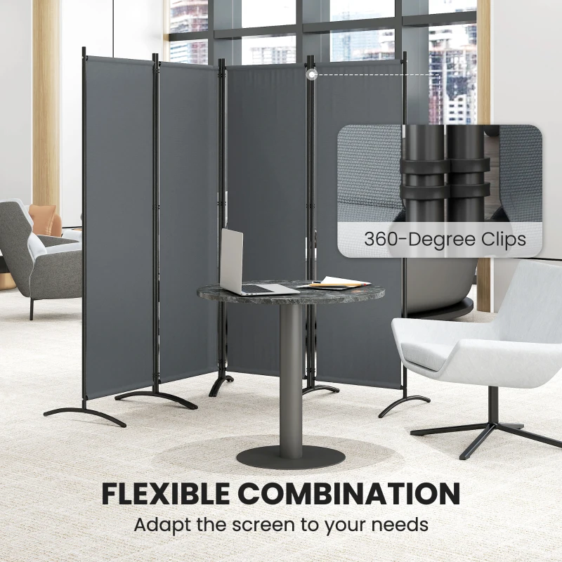 Outsunny 4 Panel Folding Room Divider, 1.7m Privacy Screen with Wide Feet, Portable Freestanding Metal Partition Separator for Office, Living Room, Bedroom, Dining Room, Dark Grey