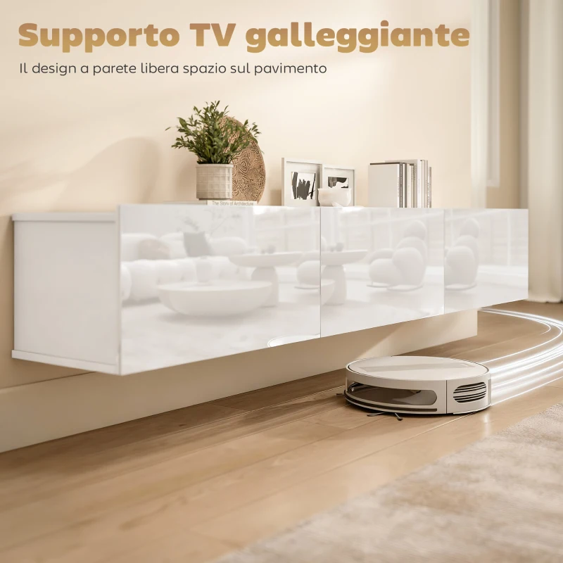 HOMCOM Mobile Porta TV fino a 82" Sospeso con 3 Armadietti a Ribalta e Ante Soft Close, Bianco Lucido