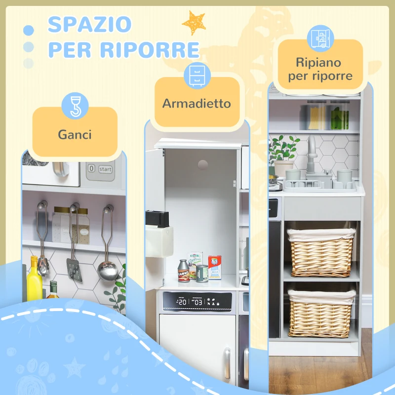 AIYAPLAY Set Cucina Giocattolo in Legno con Fornello con Luci e Suoni, Lavello con Circolo d'Acqua e Accessori, Bianco