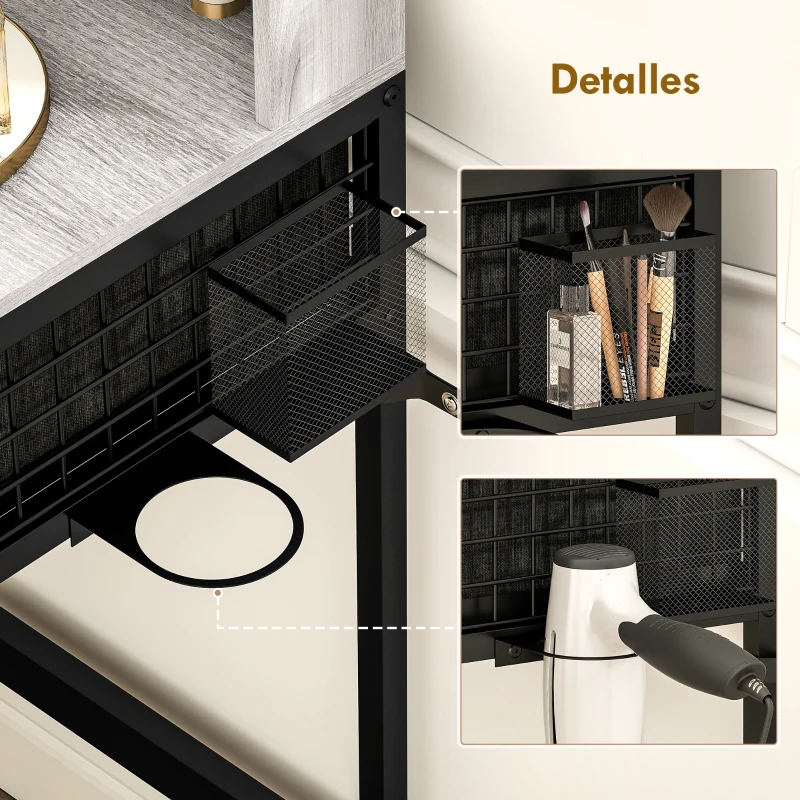 HOMCOM Tocador de Maquillaje con Espejo Tríptico Desmontable Taburete 3 Cajones de Tela Soporte para Secador de Pelo Gris