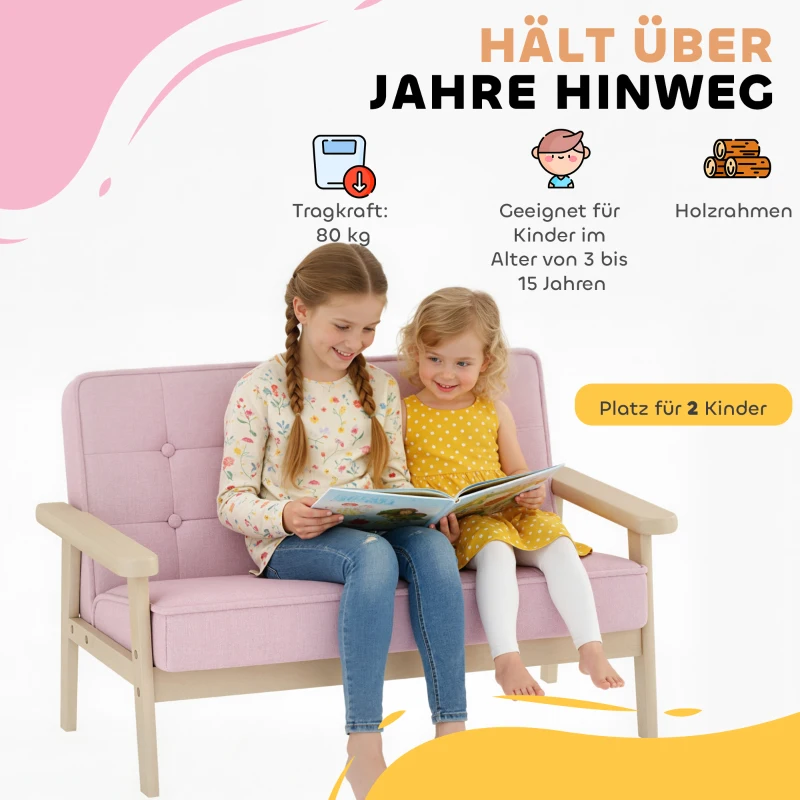 AIYAPLAY Kindersessel, Kindersofa mit Holzrahmen, Samtoptik, gepolstert, für Kinder von 3-15 Jahren Rosa