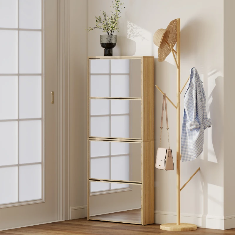 HOMCOM Zapatero Estrecho con Espejo y 4 Puertas Abatibles para 12  Pares de Zapatos 63x17x146 cm Natural
