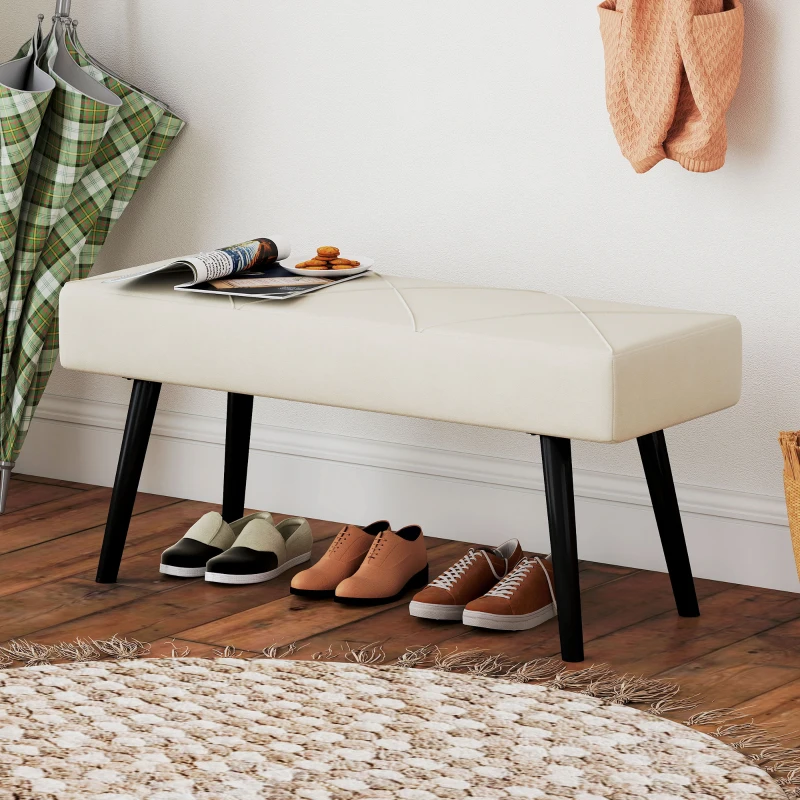 HOMCOM Taburete Pie de Cama Multifuncional con Pies de Acero y Asiento Acolchado para Entrada Pasillo 100x36x45 cm Blanco Crema