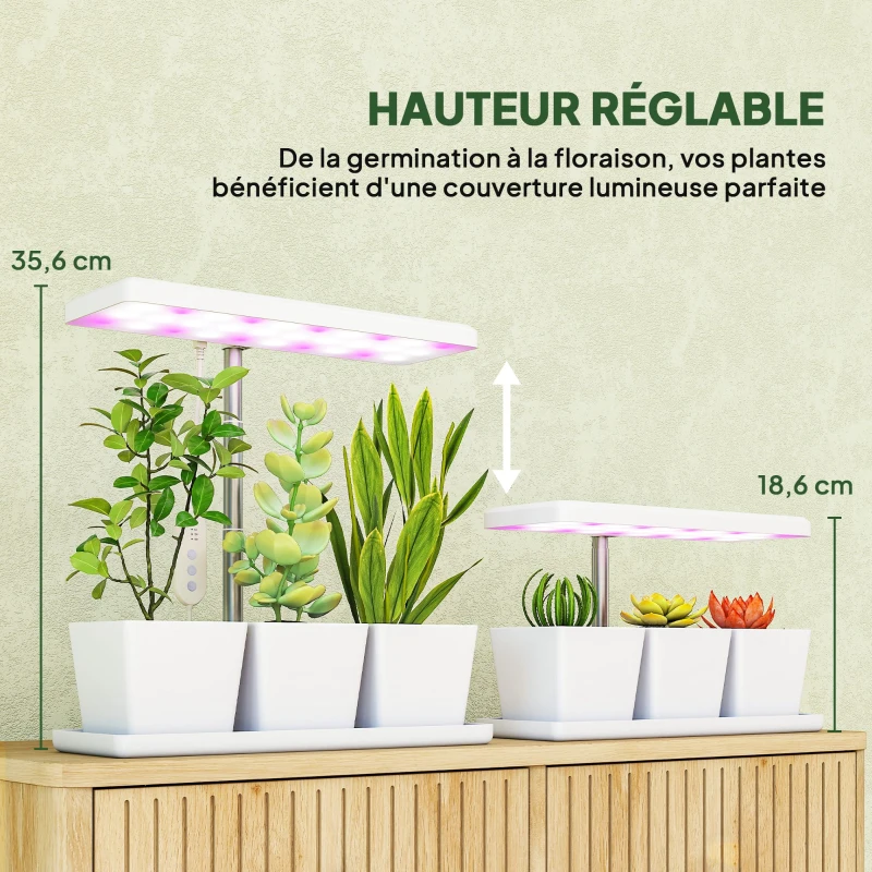 Outsunny Lampe de croissance 10W lampe plante de culture LED à spectre complet avec 3 bacs à fleurs, 31,8 x 13,4 x 35,6 cm, blanc