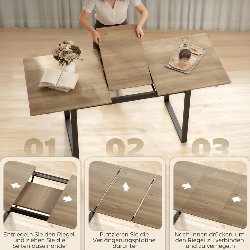 HOMCOM Uitschuifbare eettafel voor 6-8 personen, 140-180 cm, rechthoekige keukentafel met stalen onderstel, naturel hout+zwart