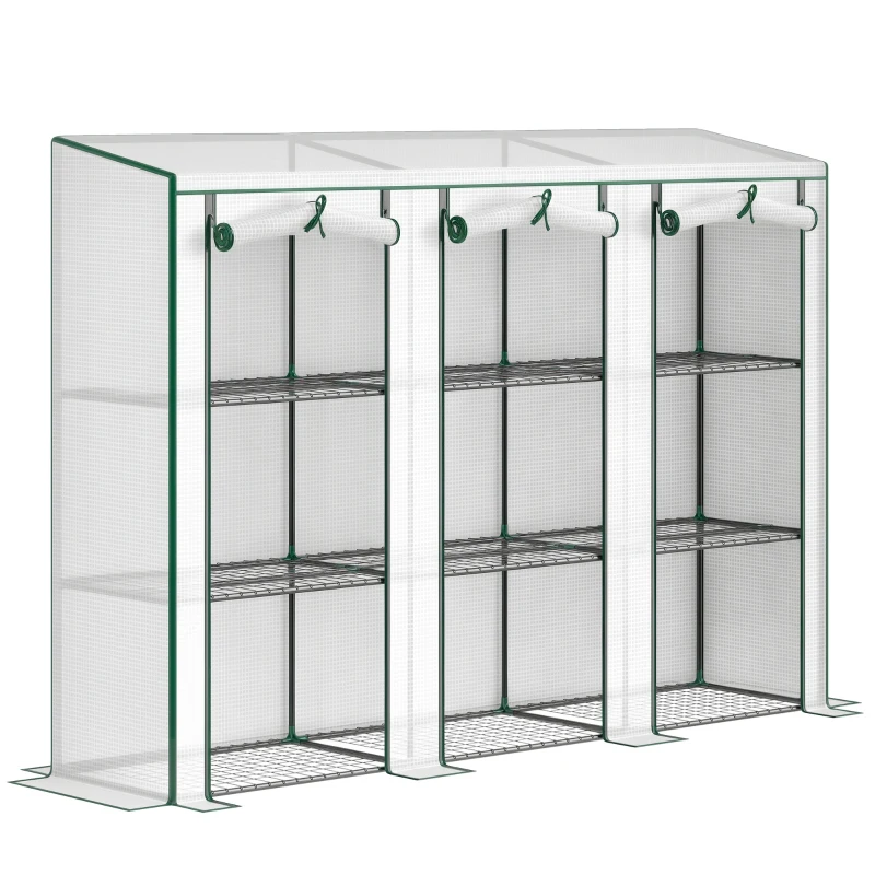 Outsunny Serre de jardin avec étagères à 3 niveaux serre de balcon 3 portes enroulables zippées 215 x 46 x 151 cm blanc