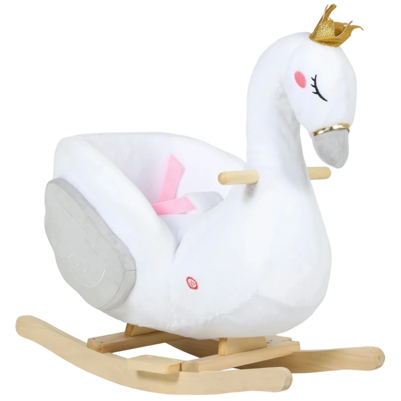 AIYAPLAY Schaukeltier, Schwan-Schaukel mit Schlaflied, weicher Füllung, Holzrahmen, für Kinder 1,5-3 Jahre, 65x40x68 cm, Weiß