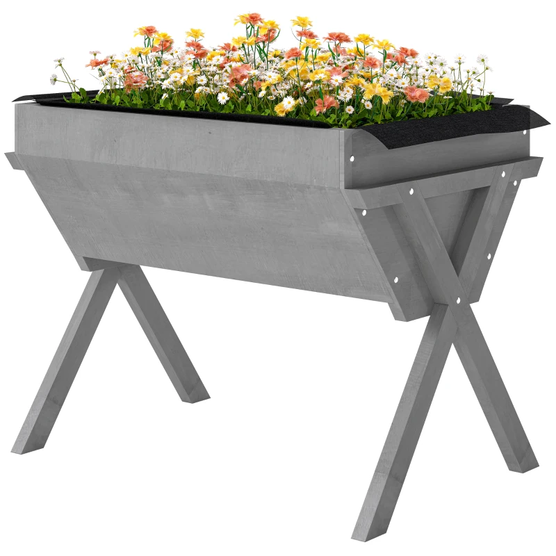Outsunny Wooden Raised Garden Bed with Bed Liner, Elevated Planter Box with Legs, Light Grey