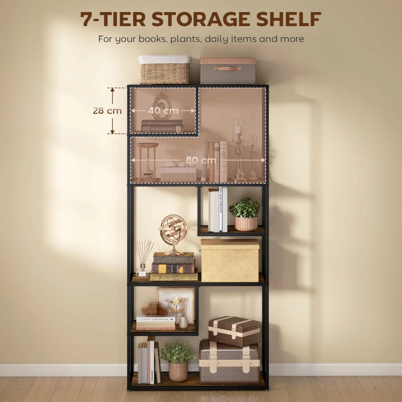 HOMCOM Industrial Bookcase Shelf, 6 Tier Metal Shelving, Storage Shelves for Living Room, Home Office, Bedroom, Rustic Brown