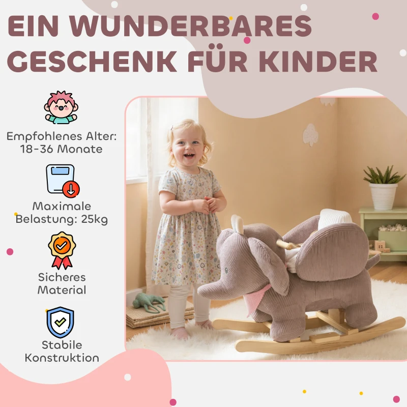 AIYAPLAY Schaukeltier, Elefant-Schaukel, interaktive Tiergeräusche, Holzrahmen, für Kinder 1,5-3 Jahre, 65 x 35 x 50 cm, Braun