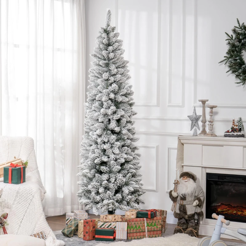 HOMCOM Sztuczna Choinka, niepalna, ze sztucznym śniegiem, szczupła, na metalowej podstawie, 75 x 210 cm, Zielona