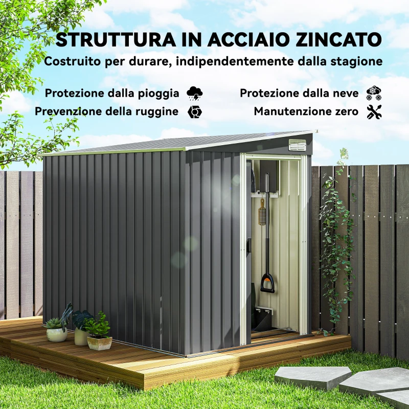 Outsunny Capanno Attrezzi in Metallo 1.5x2m con Base, Porta Scorrevole e Tetto Inclinato, Grigio Scuro