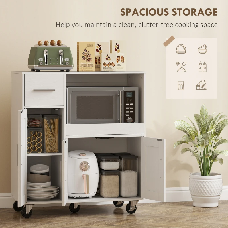 HOMCOM Dulap pentru cuptorul cu microunde din lemn, cu sertar, 2 dulapuri, raft deschis și blat ajustabil, 80x40x88.7 cm, alb