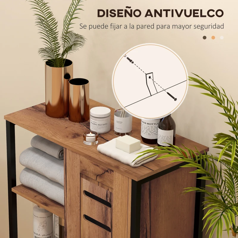 kleankin Armario de Baño Estrecho Puerta de Lamas 60x30x85 cm Marrón Rústico