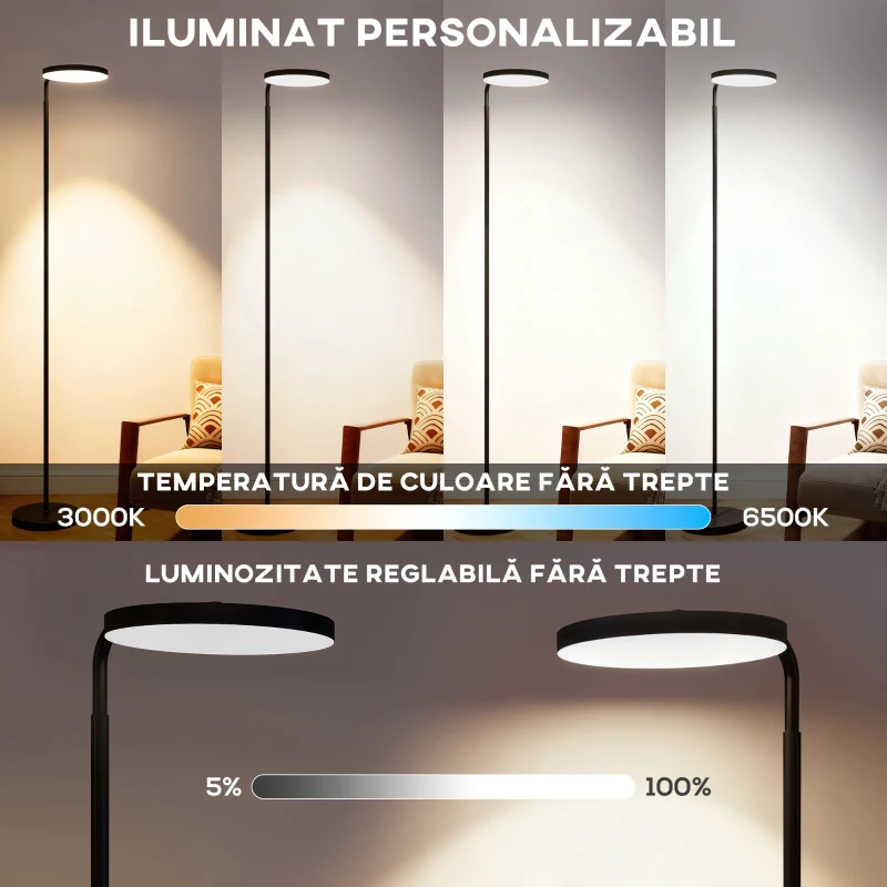 HOMCOM Lampă de Podea LED cu Cap Rotativ la 350° și Telecomandă Magnetică, Reglaj Continuu 3000K-6500K, Negru