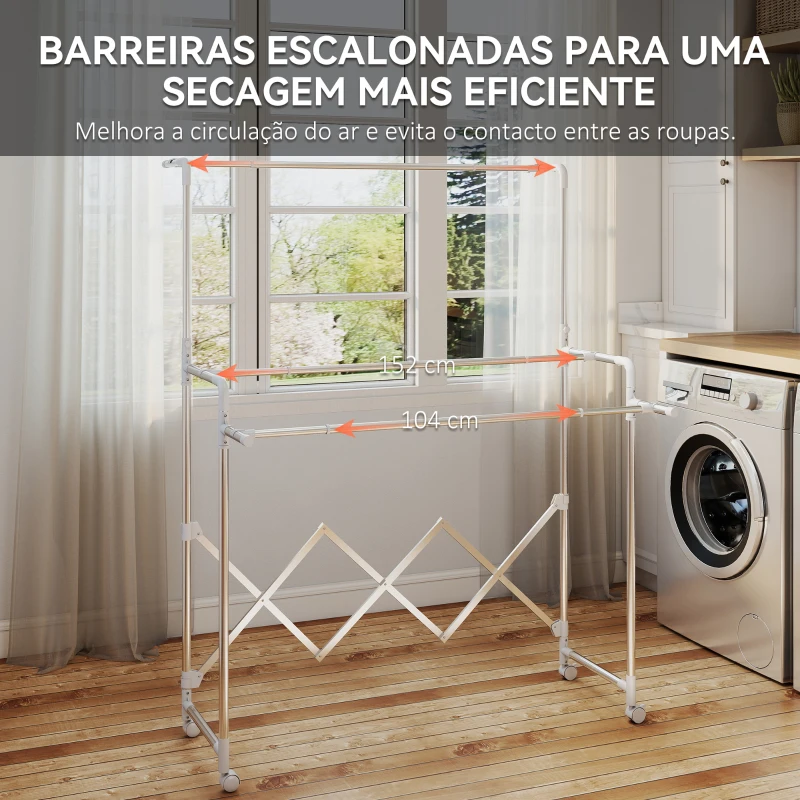 HOMCOM Estendal Vertical Dobrável de 3 Níveis Estendal de Aço Inoxidável com 3 Barras Ajustáveis e Extensíveis 4 Rodas 104-150x103x145-197 cm Prateado