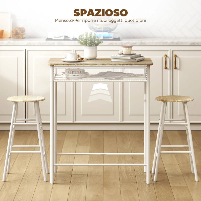 HOMCOM Set Bancone Bar e 2 Sgabelli Alti in Legno Stile Nordico con Mensola e Poggiapiedi, Bianco