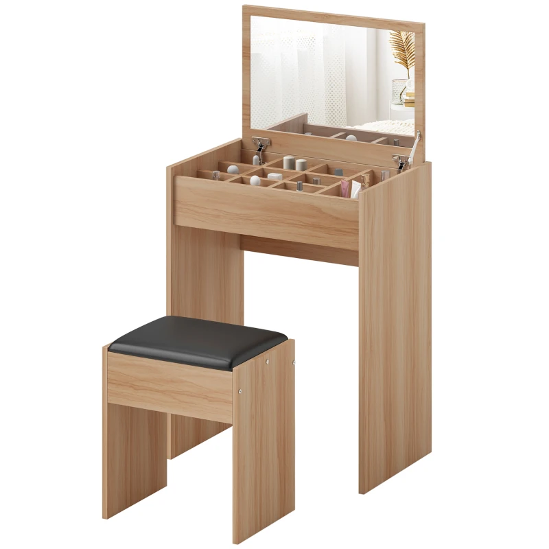 HOMCOM Dressing Table with Mirror and Stool, Vanity Makeup Table with Flip Up Mirror, Vanity Desk with Storage Unit and Padded Seat, Wood