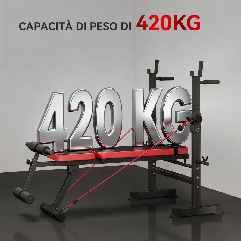 SPORTNOW Panca Fitness con Rack per Pesi, Schienale e Sedile Regolabili, Dip Station, Capacità 420 kg