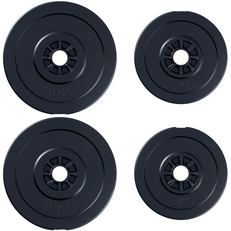 HOMCOM Juego de 4 Discos de Pesas de 2x5 kg y 2x10 kg Juego de Placas de Pesas con Agujero de Ø25 mm para Barra o Mancuernas Entrenamiento de Fuerza Levantamiento de Pesas Negro