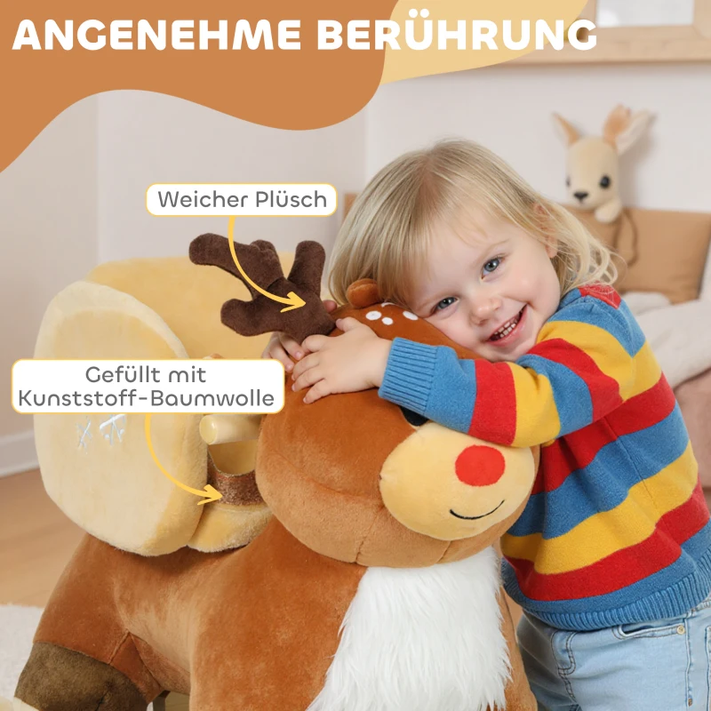 AIYAPLAY Kinder Schaukelpferd Baby Schaukeltier Rentier mit Schlafliedern, für 18-36 Monate Plüsch 65 x 35 x 59 cm Braun