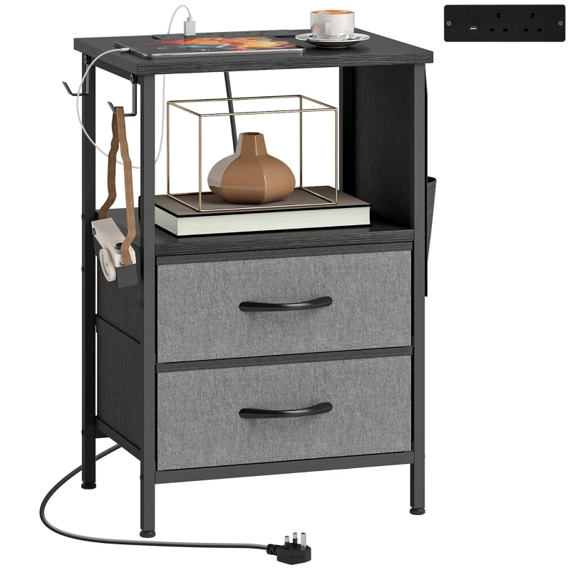 HOMCOM Bedside Table with Charging Station - Black