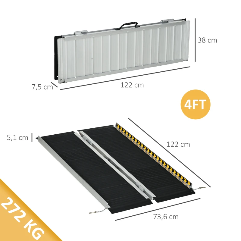 HOMCOM Rampa para Sillas de Ruedas Plegable de Aleación de Aluminio 122 cm con Adhesivos Reflectantes Carga 272 kg Negro
