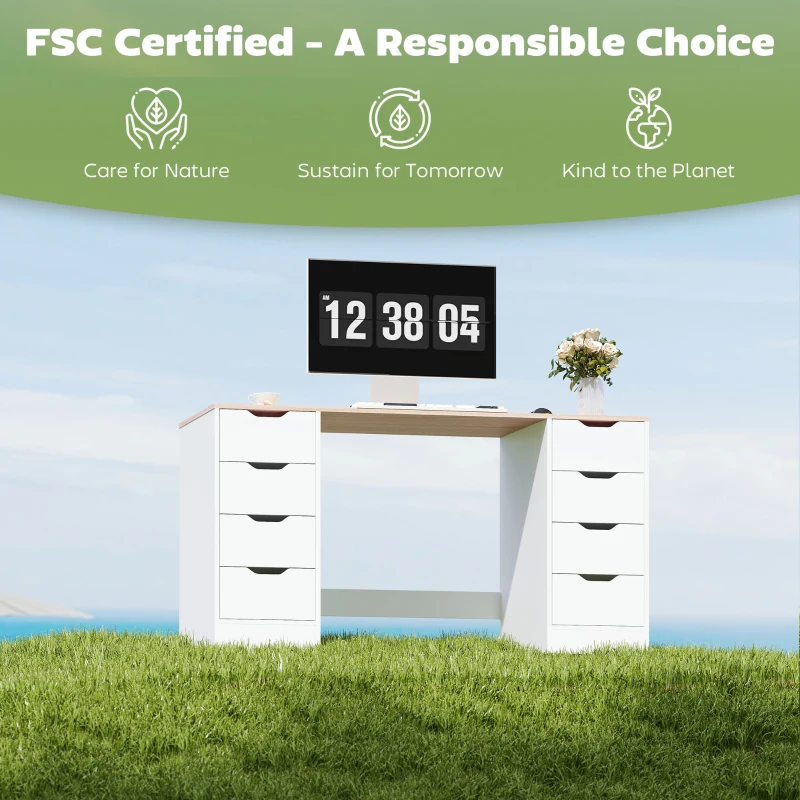 HOMCOM 140 cm Computertisch, 8 Schubladen, Schreibtisch für Homeoffice, Schlafzimmer, Stahl, Holz, Weiß