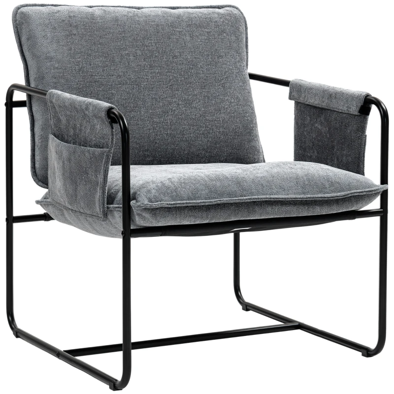 HOMCOM Butaca Moderna para Relax con Tapizado en Chenilla Estructura de Acero y Reposabrazos con Bolsillos 68x76x81 cm Gris